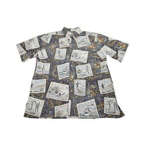 VTG Reyn Spooner Reverse Print Shirt AOP Men's Large Black Surfing Eddy Guitar